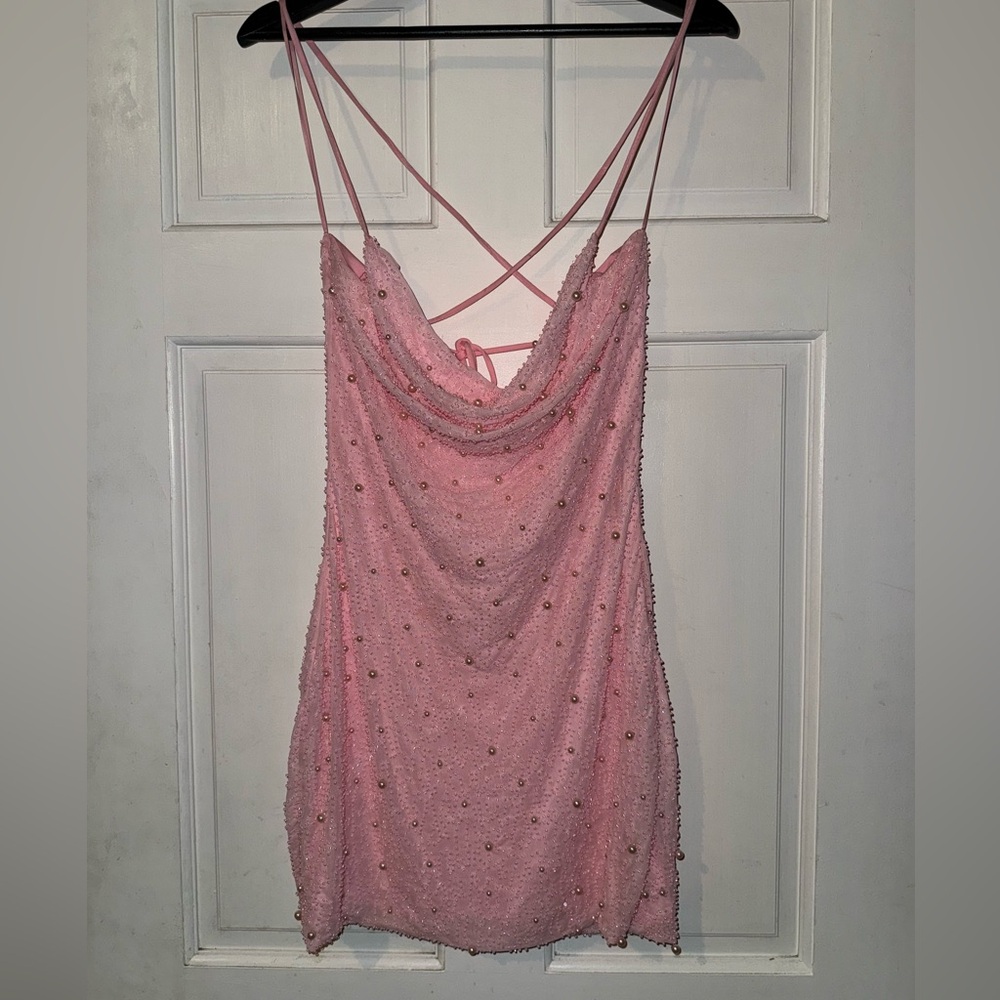 Windsor Pink Beaded Strappy open back mini Dress